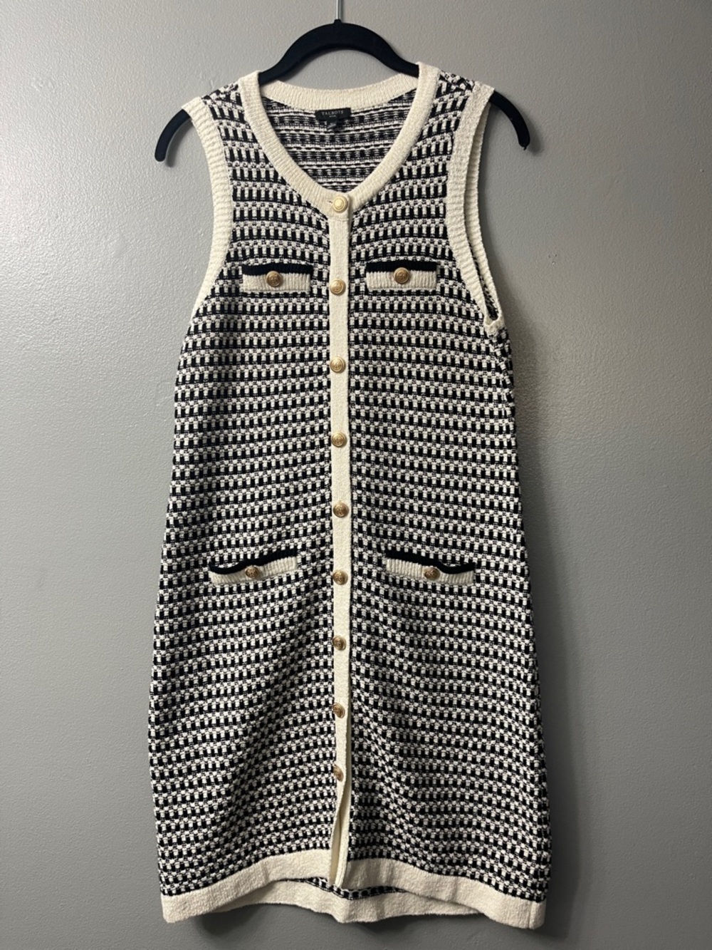 Talbots Textured Tweed Sleeveless Dress button-front design gold-tone buttons